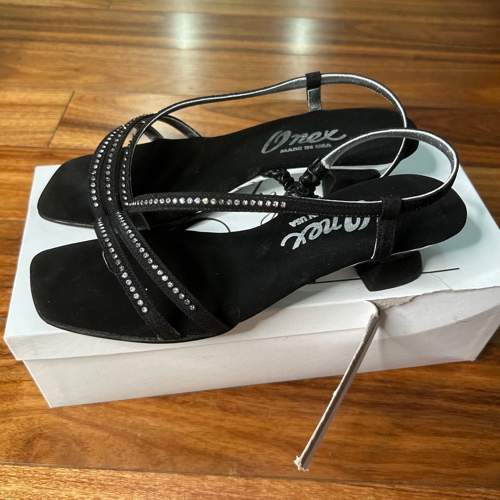 Onex Black Rhinestone Slingback Kitten Heels Silver Chrome Square Toe Sandals 7M